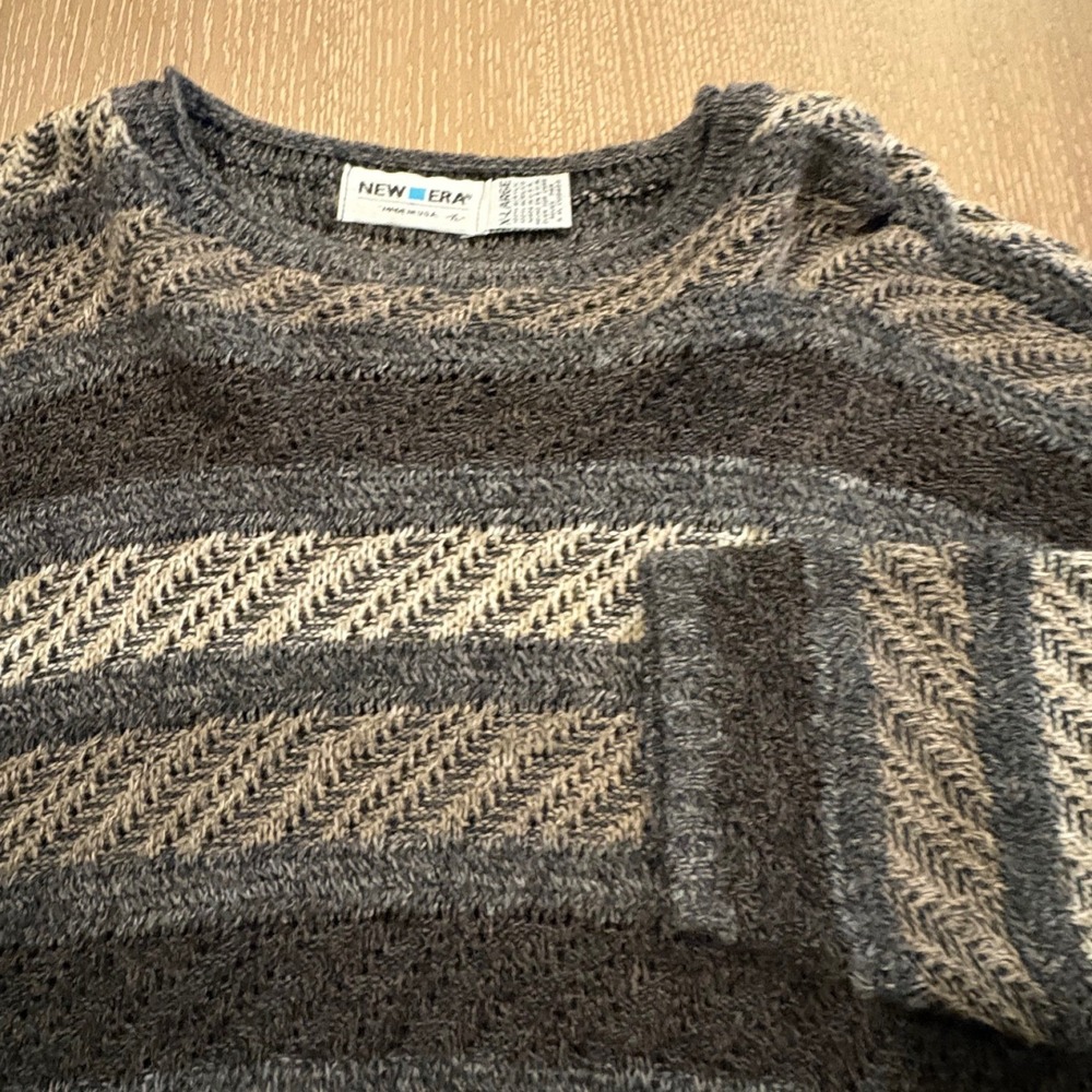 Vintage New Era USA Made XL Fuzzy Knit Grandpa Sweater Gray Striped Pullover EUC